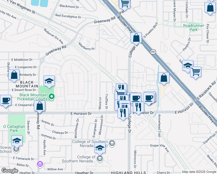 map of restaurants, bars, coffee shops, grocery stores, and more near 542 Truffles Street in Henderson