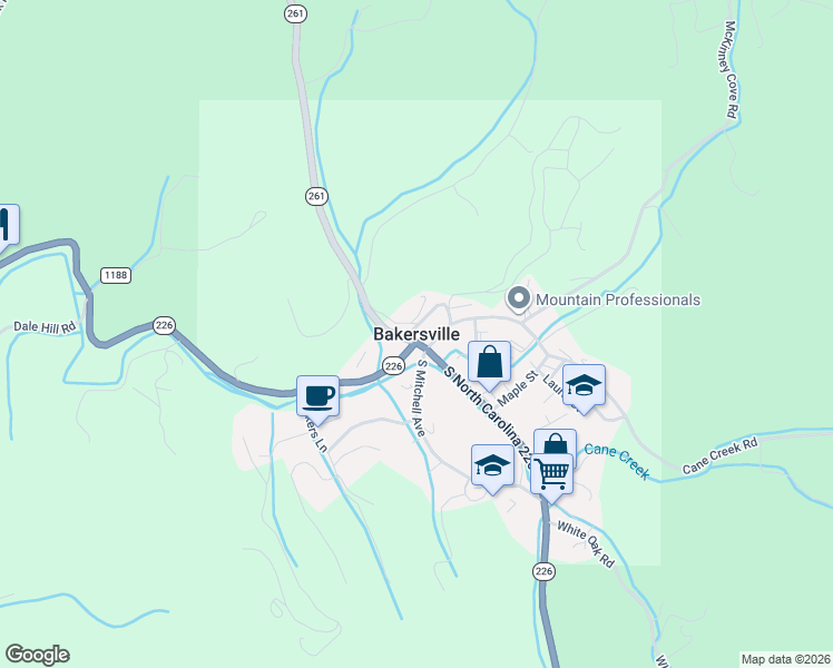 map of restaurants, bars, coffee shops, grocery stores, and more near in Bakersville