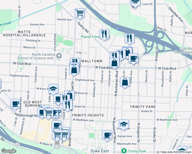 map of restaurants, bars, coffee shops, grocery stores, and more near 1104 Berkeley Street in Durham