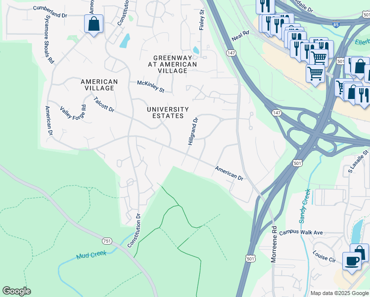 map of restaurants, bars, coffee shops, grocery stores, and more near 3910 Hillgrand Drive in Durham