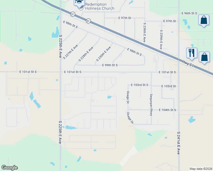 map of restaurants, bars, coffee shops, grocery stores, and more near 10207 South 232nd East Avenue in Broken Arrow