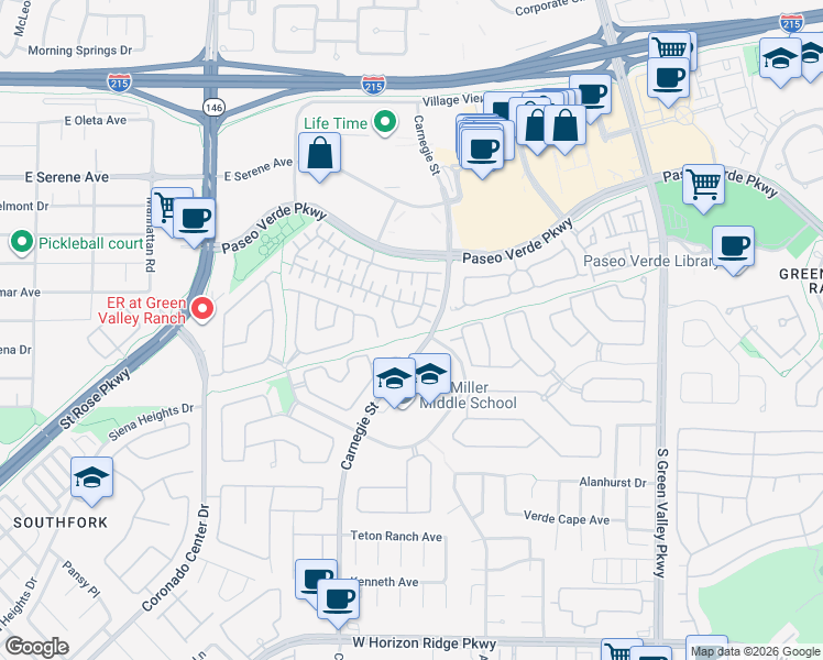map of restaurants, bars, coffee shops, grocery stores, and more near 270 Spectacular Street in Henderson