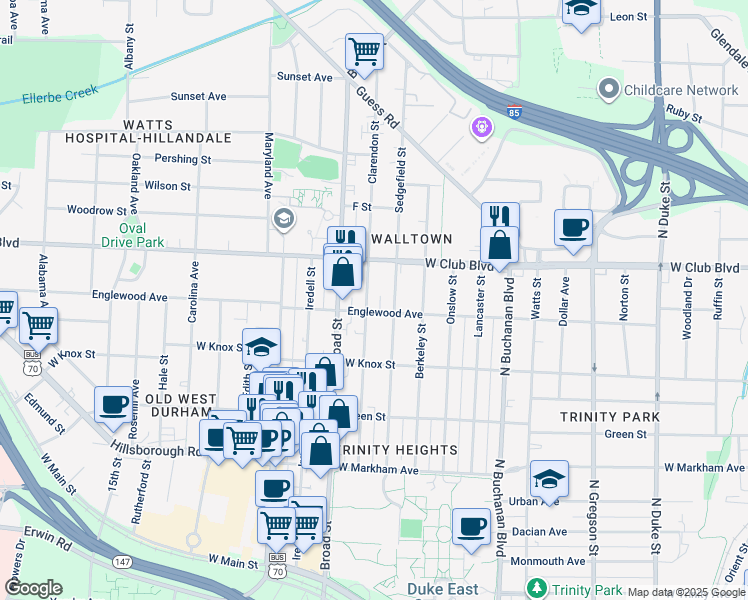 map of restaurants, bars, coffee shops, grocery stores, and more near 1018 Clarendon Street in Durham