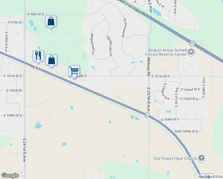 map of restaurants, bars, coffee shops, grocery stores, and more near 25200-25352 East Highway 51 in Broken Arrow