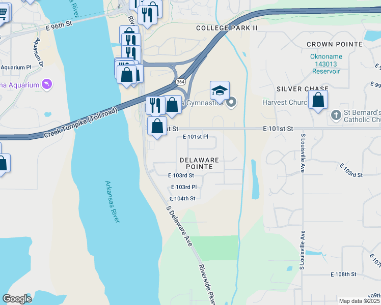 map of restaurants, bars, coffee shops, grocery stores, and more near 10206 South College Avenue in Tulsa