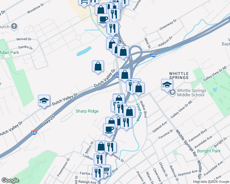 map of restaurants, bars, coffee shops, grocery stores, and more near 131 Faber Street in Knoxville