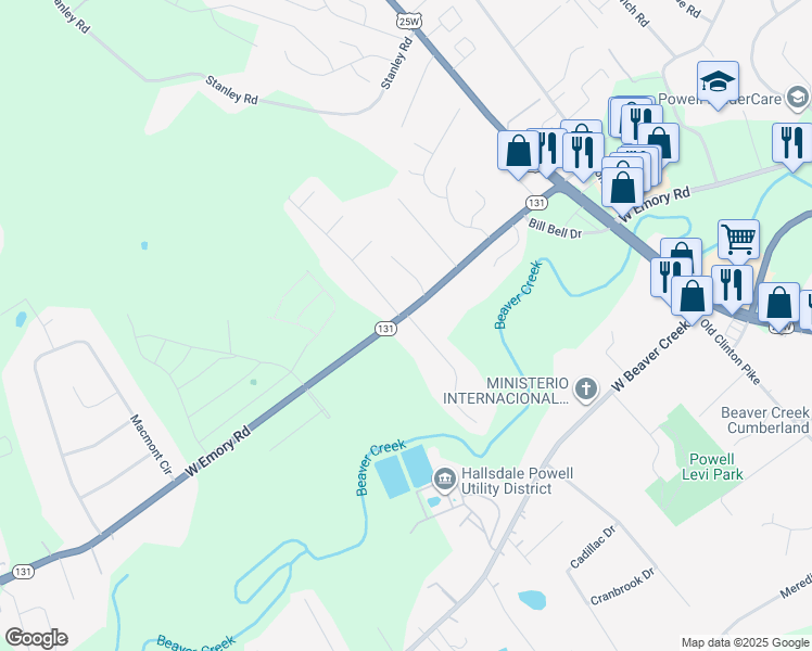 map of restaurants, bars, coffee shops, grocery stores, and more near 7423 Bridgefield Drive in Powell