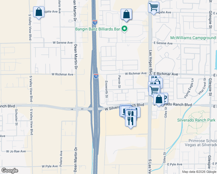 map of restaurants, bars, coffee shops, grocery stores, and more near 9588 Ensworth Street in Las Vegas