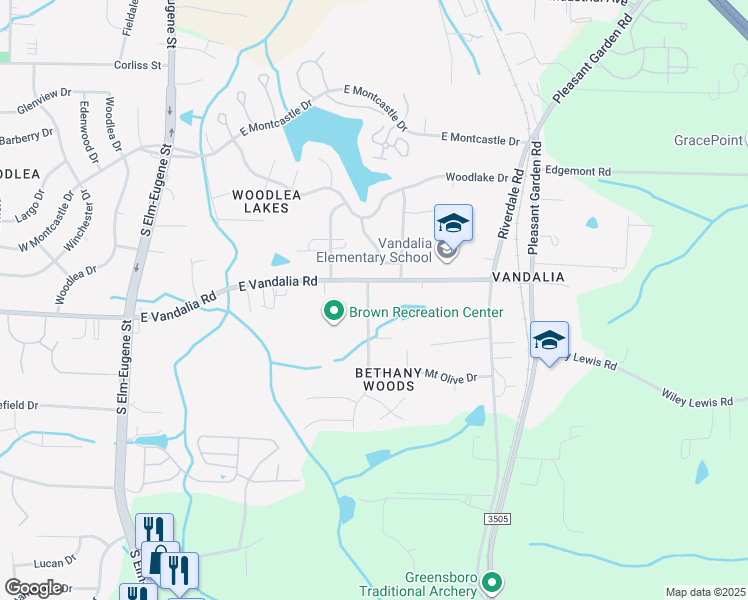 map of restaurants, bars, coffee shops, grocery stores, and more near 3512 Bethany Trce in Greensboro