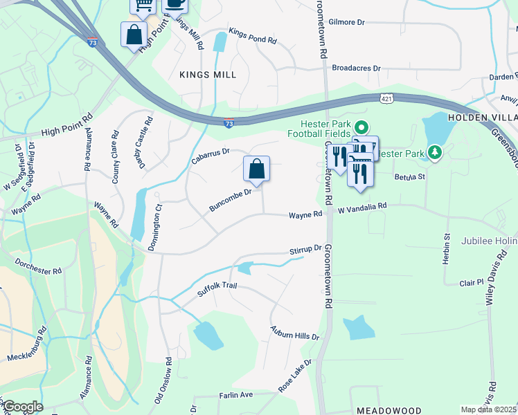 map of restaurants, bars, coffee shops, grocery stores, and more near 4224 Wayne Road in Greensboro