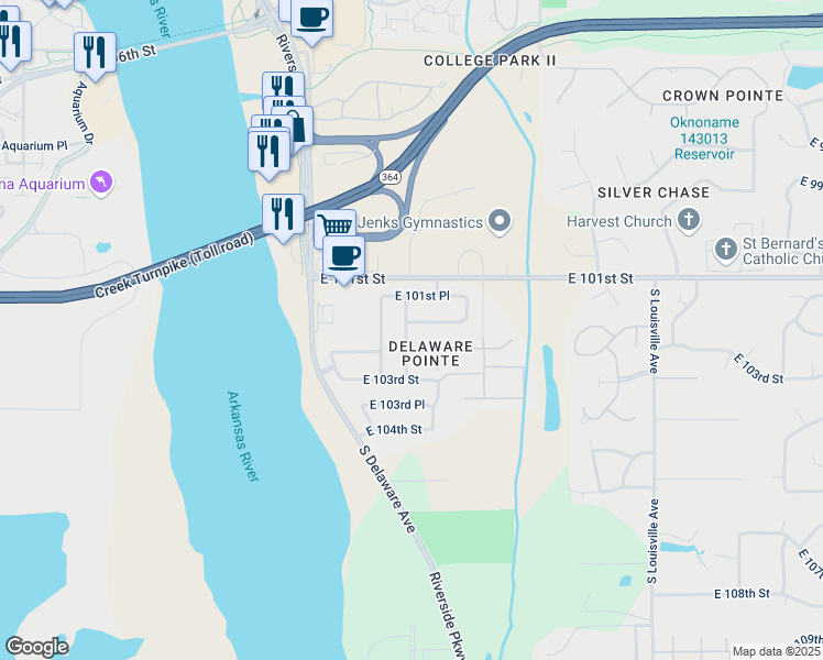 map of restaurants, bars, coffee shops, grocery stores, and more near 10206 South College Avenue in Tulsa