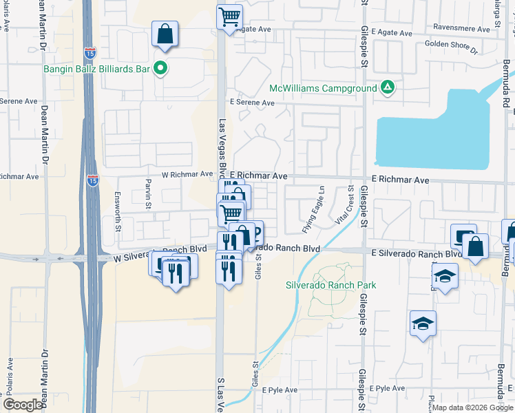 map of restaurants, bars, coffee shops, grocery stores, and more near 52 Belle Springs Avenue in Las Vegas