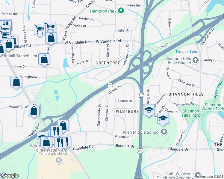 map of restaurants, bars, coffee shops, grocery stores, and more near 2424 Denver Drive in Greensboro