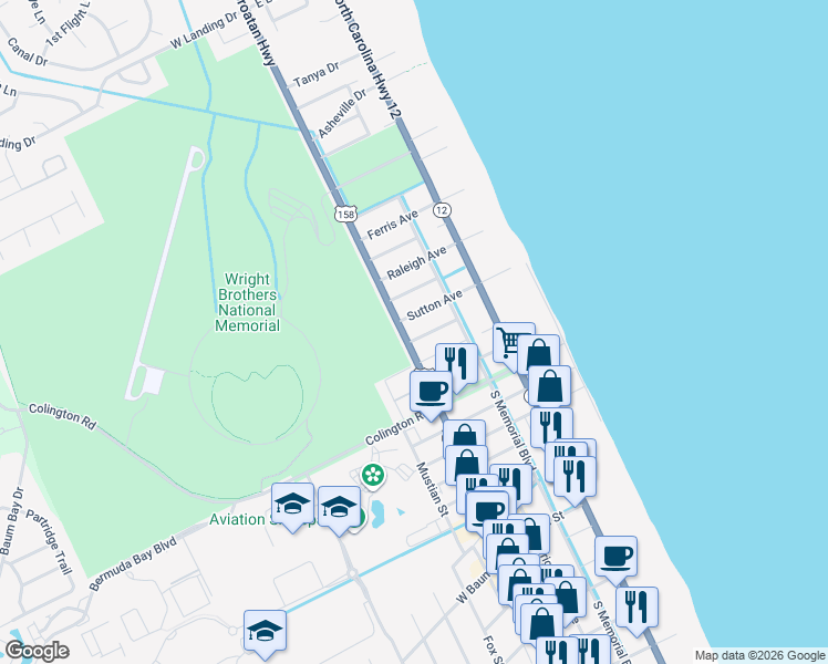map of restaurants, bars, coffee shops, grocery stores, and more near North Croatan Highway in Kill Devil Hills