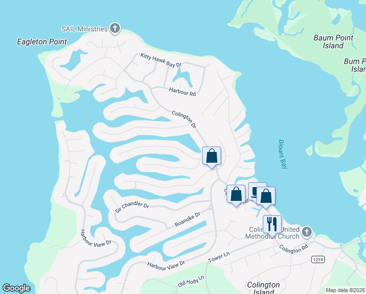 map of restaurants, bars, coffee shops, grocery stores, and more near 107 Outrigger Drive in Kill Devil Hills