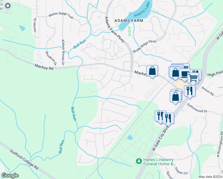 map of restaurants, bars, coffee shops, grocery stores, and more near 2314 Adams Farm Parkway in Greensboro