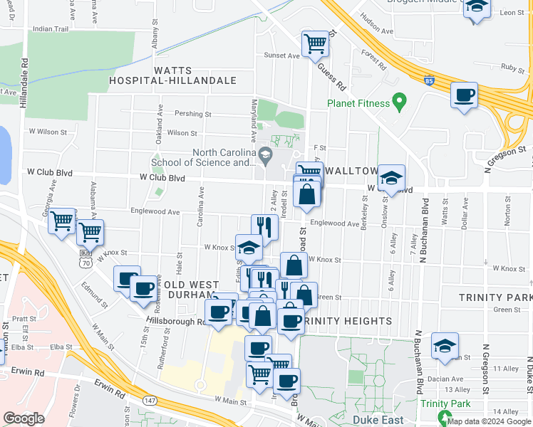 map of restaurants, bars, coffee shops, grocery stores, and more near 1102 9th Street in Durham