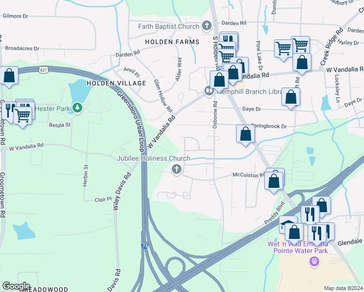 map of restaurants, bars, coffee shops, grocery stores, and more near 3604 Dartford Drive in Greensboro