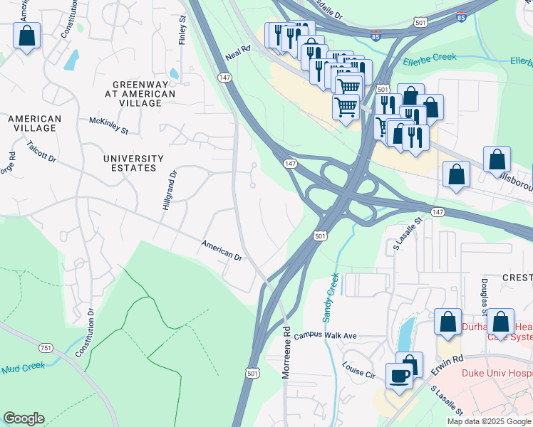 map of restaurants, bars, coffee shops, grocery stores, and more near 613 Starmont Drive in Durham