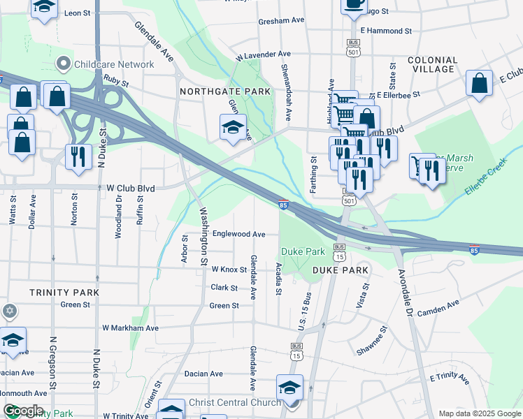 map of restaurants, bars, coffee shops, grocery stores, and more near 1916 Glendale Avenue in Durham