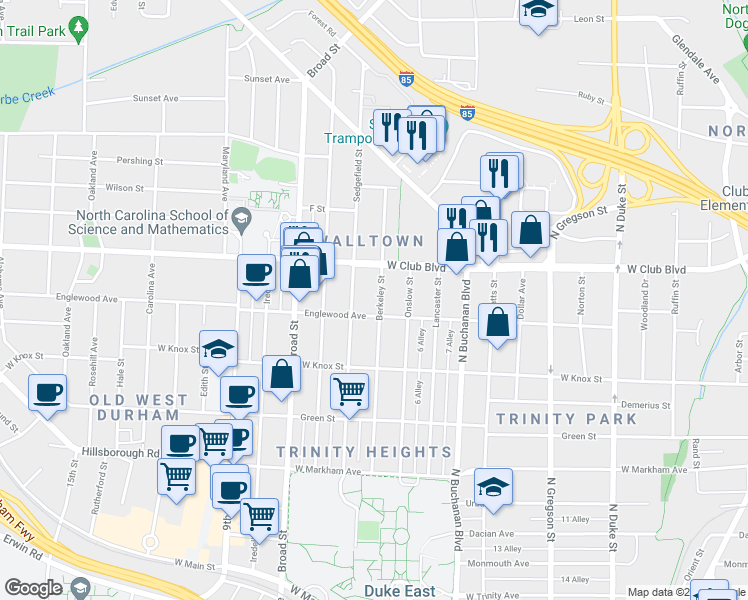 map of restaurants, bars, coffee shops, grocery stores, and more near 1107 Berkeley Street in Durham