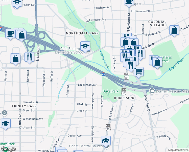 map of restaurants, bars, coffee shops, grocery stores, and more near 1916 Glendale Avenue in Durham
