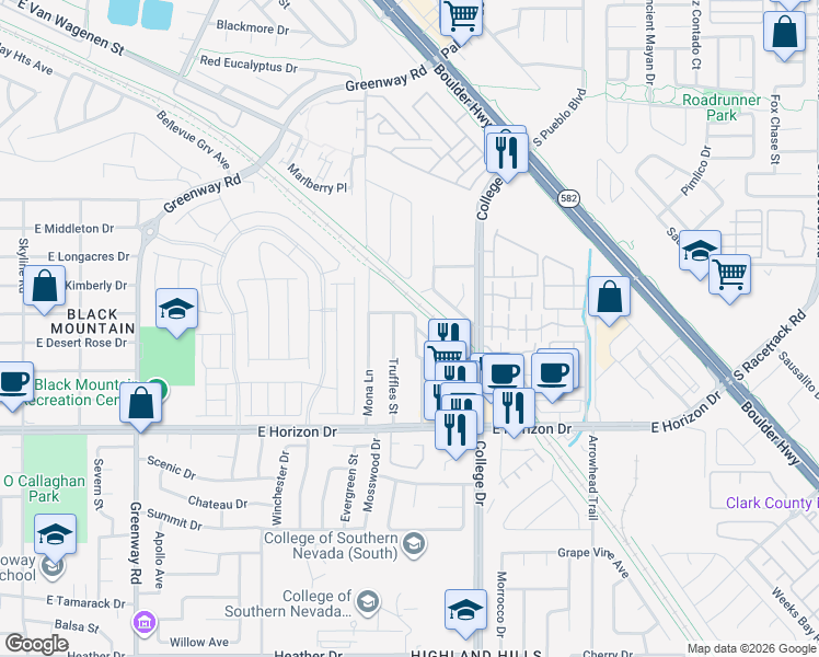 map of restaurants, bars, coffee shops, grocery stores, and more near 539 Old Highlands Street in Henderson