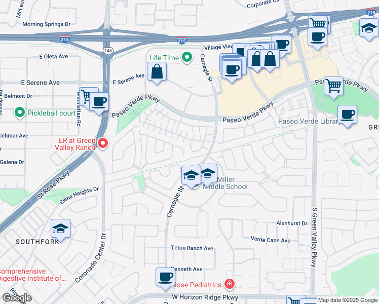 map of restaurants, bars, coffee shops, grocery stores, and more near 2405 Esteem Ridge Drive in Henderson