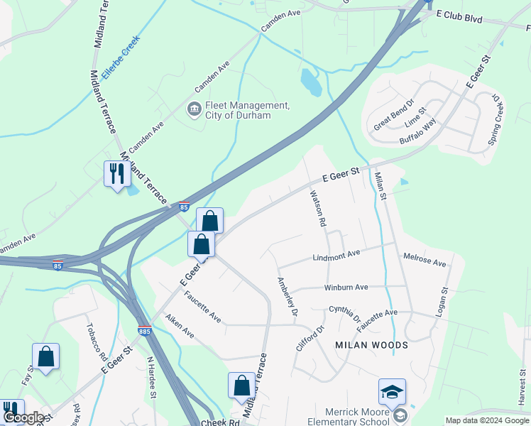 map of restaurants, bars, coffee shops, grocery stores, and more near 1812 East Geer Street in Durham
