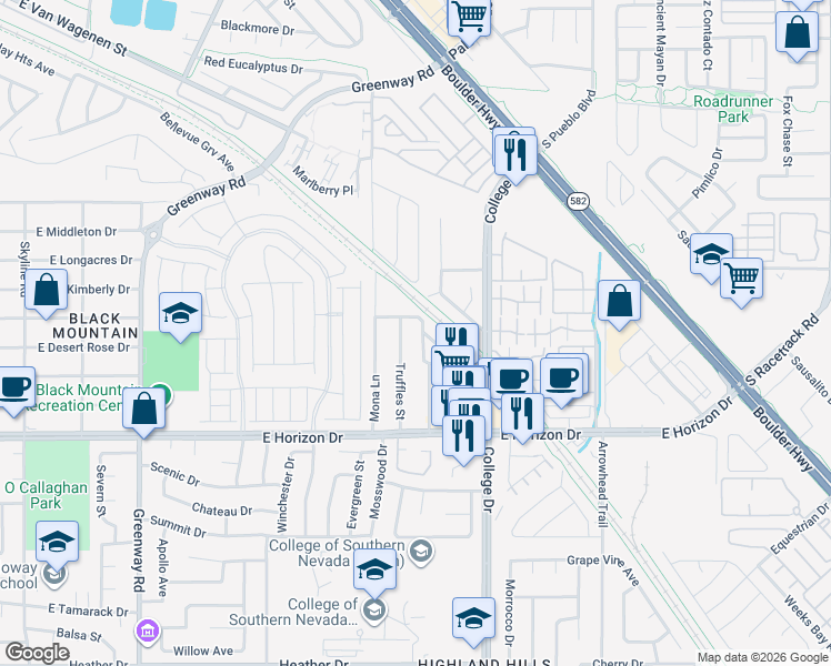 map of restaurants, bars, coffee shops, grocery stores, and more near 539 Old Highlands Street in Henderson