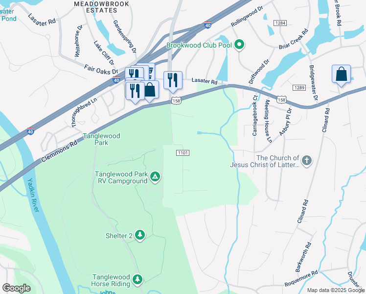 map of restaurants, bars, coffee shops, grocery stores, and more near Craver Land Road in Clemmons