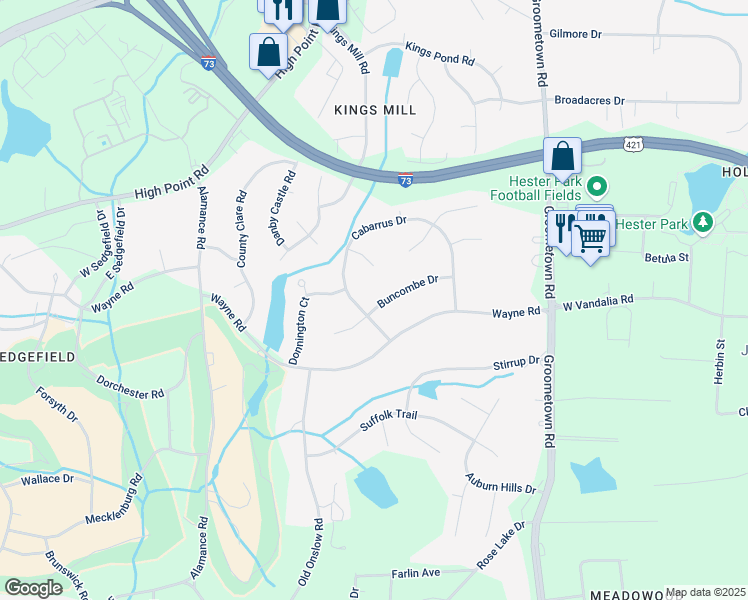 map of restaurants, bars, coffee shops, grocery stores, and more near 3820 Buncombe Drive in Greensboro