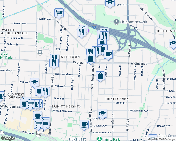 map of restaurants, bars, coffee shops, grocery stores, and more near 1119 Lancaster Street in Durham