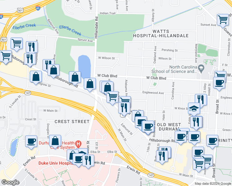 map of restaurants, bars, coffee shops, grocery stores, and more near 2503 Englewood Avenue in Durham