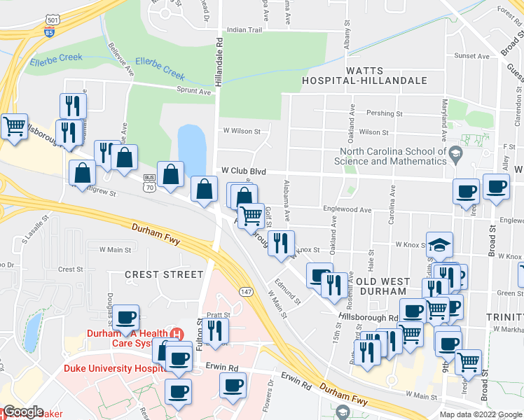 map of restaurants, bars, coffee shops, grocery stores, and more near 2412 Englewood Avenue in Durham