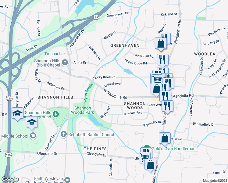 map of restaurants, bars, coffee shops, grocery stores, and more near 511 Leitzel Avenue in Greensboro
