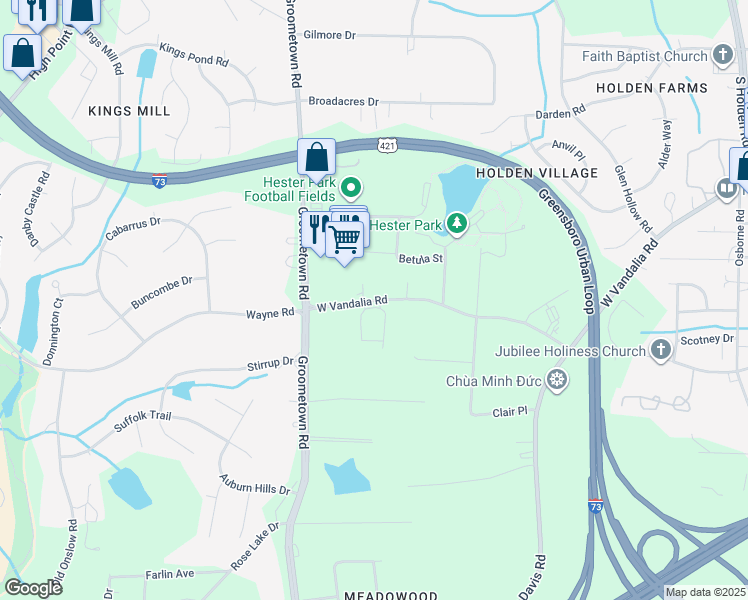 map of restaurants, bars, coffee shops, grocery stores, and more near 2916 West Vandalia Road in Greensboro
