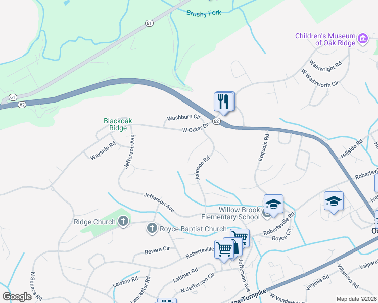 map of restaurants, bars, coffee shops, grocery stores, and more near 118 Jersey Lane in Oak Ridge