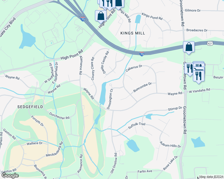 map of restaurants, bars, coffee shops, grocery stores, and more near 3405 Donnington Court in Greensboro