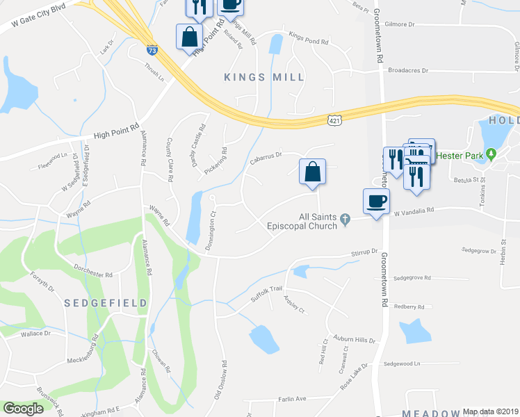 map of restaurants, bars, coffee shops, grocery stores, and more near 3803 Rappahannock Court in Greensboro
