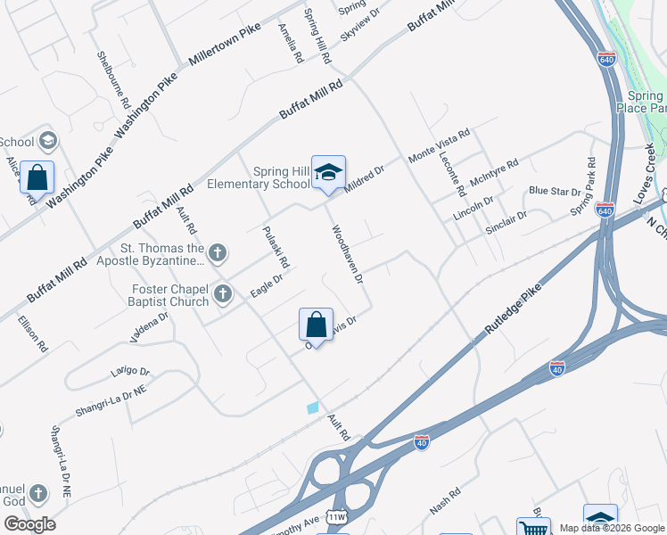 map of restaurants, bars, coffee shops, grocery stores, and more near 1727 Woodhaven Drive in Knoxville