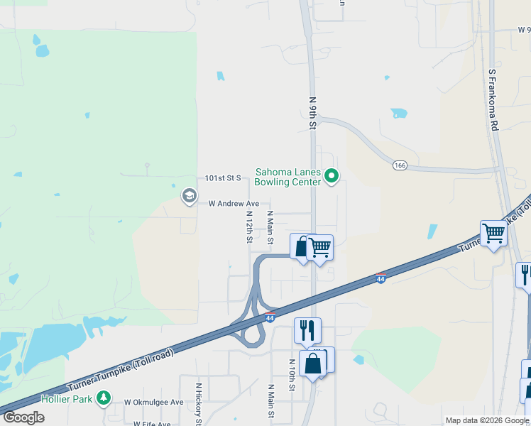 map of restaurants, bars, coffee shops, grocery stores, and more near 25 West Andrew Avenue in Sapulpa