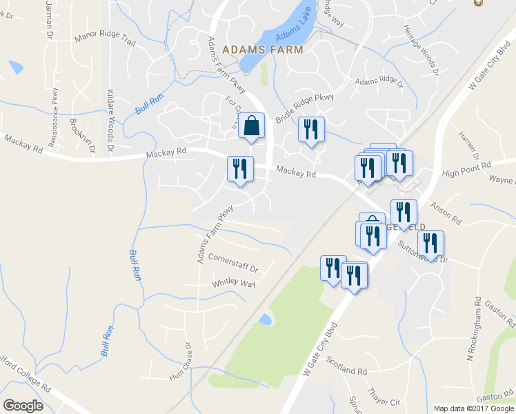 map of restaurants, bars, coffee shops, grocery stores, and more near 5404 Clustermill Drive in Greensboro