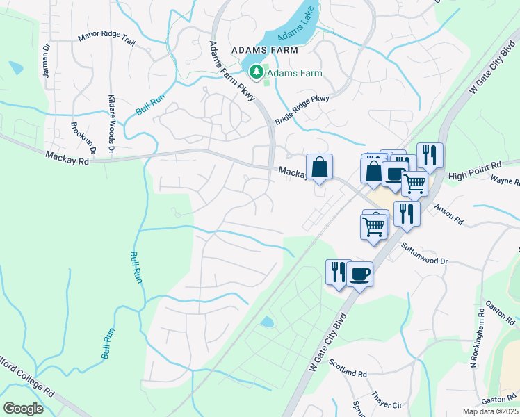 map of restaurants, bars, coffee shops, grocery stores, and more near 5404 Clustermill Drive in Greensboro