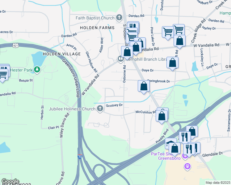 map of restaurants, bars, coffee shops, grocery stores, and more near 4202 Triston Drive in Greensboro