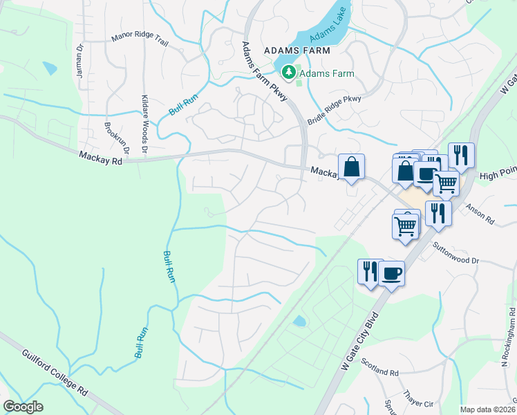 map of restaurants, bars, coffee shops, grocery stores, and more near 2205 Acorn Ridge Road in Greensboro