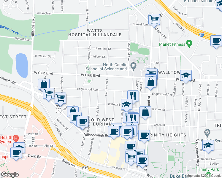 map of restaurants, bars, coffee shops, grocery stores, and more near 2034 Englewood Avenue in Durham