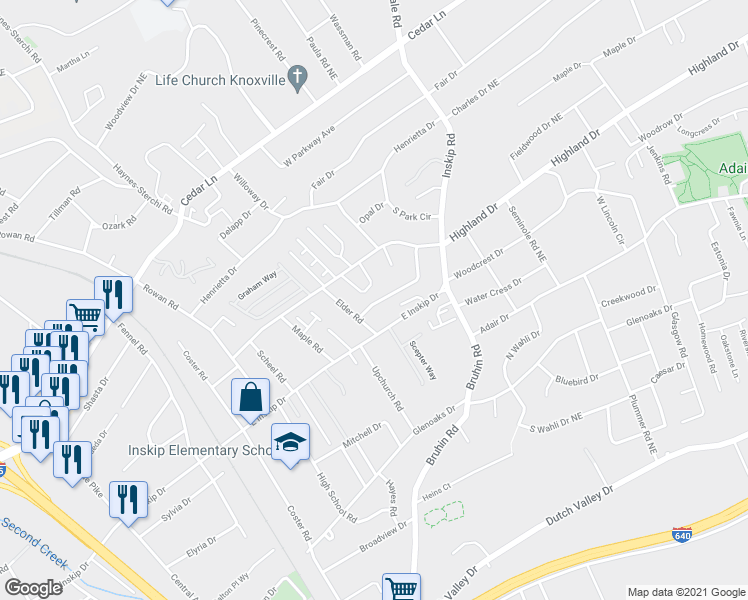 map of restaurants, bars, coffee shops, grocery stores, and more near 827 Blue Spruce Way in Knoxville