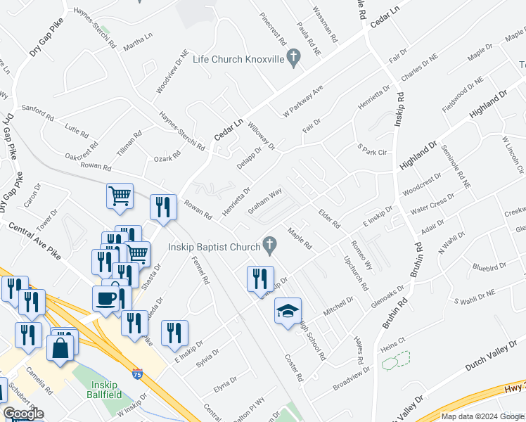 map of restaurants, bars, coffee shops, grocery stores, and more near 713 Greensboro Way in Knoxville
