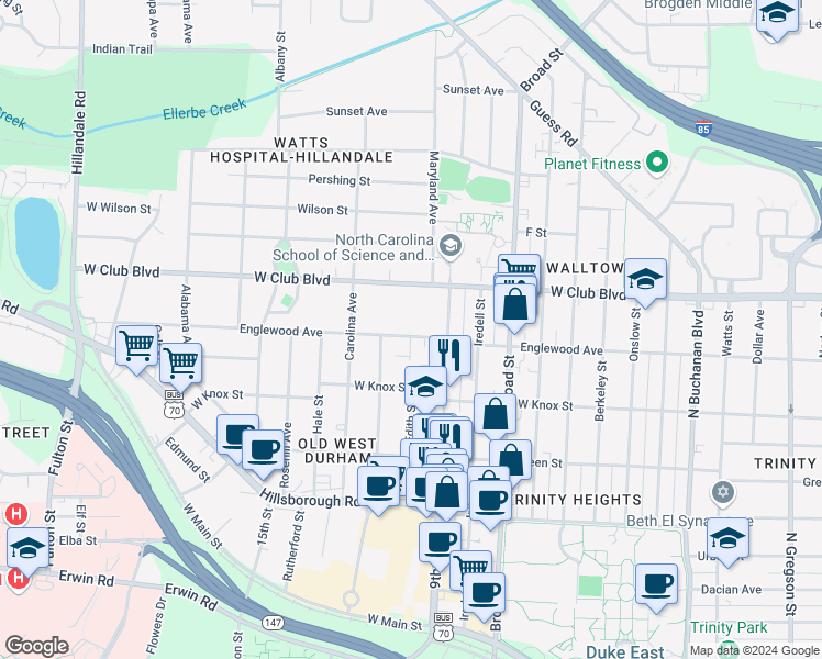 map of restaurants, bars, coffee shops, grocery stores, and more near 2001 West Club Boulevard in Durham